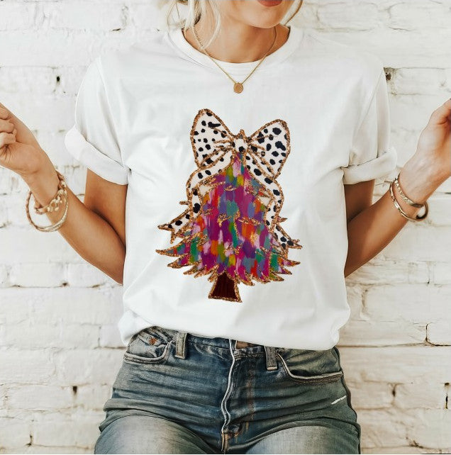 Watercolor Xmas Tree w/leopard bow